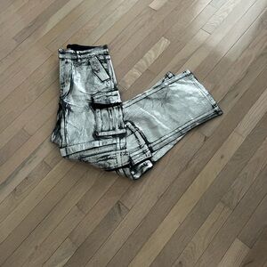 Daisy Metallic Silver Painted-Effect Cargo Pants